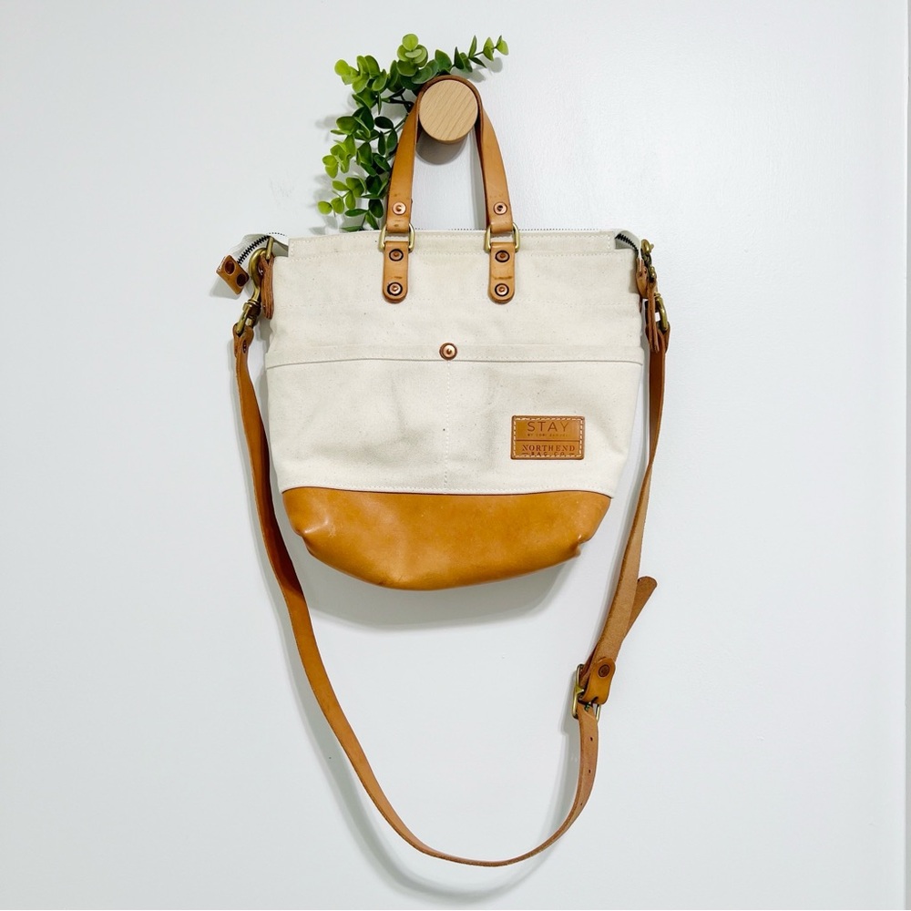 North End Canvas Ivory Brown Shoulder Tote Bag with Detachable Strap Leather